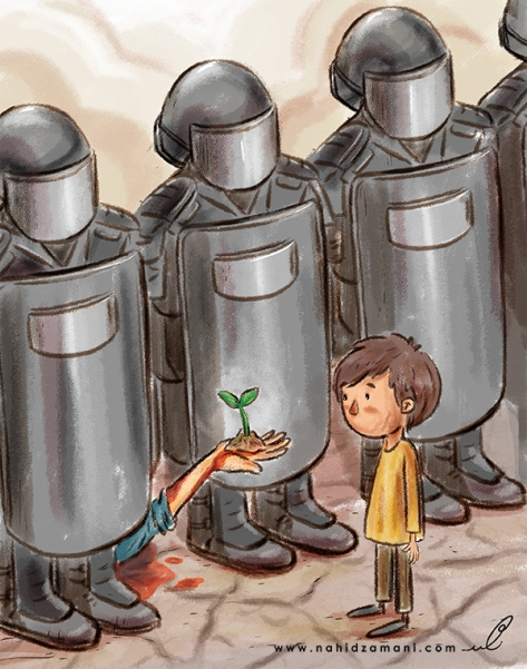farmer, Riot police - political cartoon - protest cartoon - hope cartoon - bud cartoon - child cartoon - cartoon