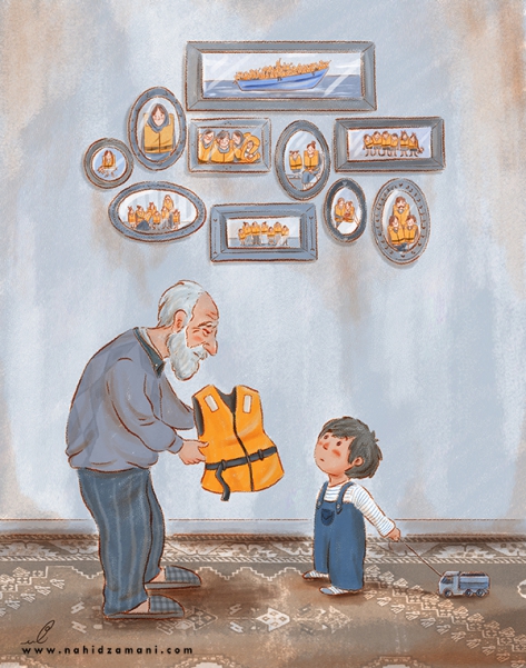 Refugee Cartoon - Refugee Cartoon - Refugee Drowning - Refugee Displacement - Europe and the Refugees - Refugee Camp - Violence Against Refugees - World Refugee Day - Grandchildren - Grandfather - Grandson and Grandfather Illustration - Rescue Vest