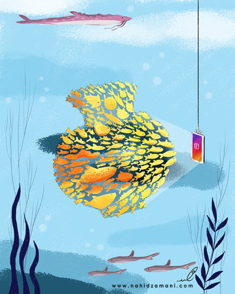 Media - Media Captivity - Media Cartoon - Media Slave - Social Cartoon - Analytical Cartoon - Critical Cartoon - Political Cartoon - Environmental Cartoon - Sea - Fish - Tight Fish - Bait - Instagram - Cyberspace - Blue - Hunting - Meta - Facebook - Twitter - TickTok - WhatsApp - Telegram - Mobile Phone - Technology