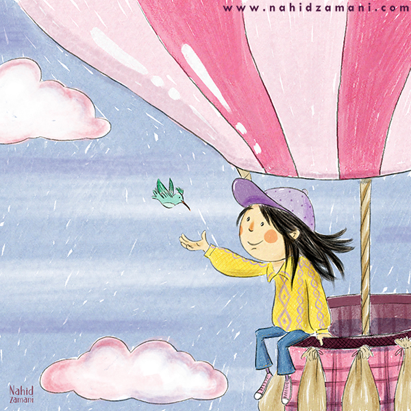 Sky - Balloons - Girl - Bird - Colorful - Girl Illustration