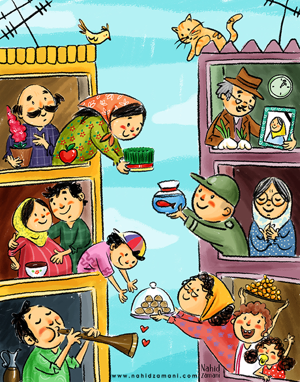 Nowruz illustration- Eve night illustration- Happy New Year illustration - Haftsin illustration- Happy neighbors illustration- illustration- Happy people - Happy city illustration