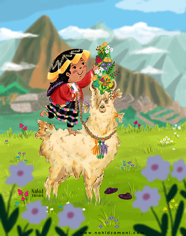 Lama illustration - Peru illustration - Girl and llama illustration - Happy llama illustration