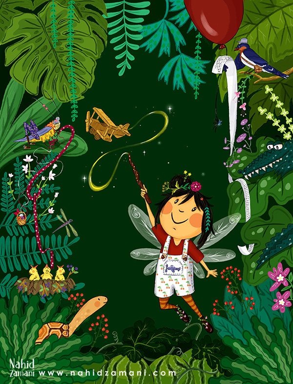 Magic illustration - Magic Wood - Crocodile illustration- Crickets illustration - Turtle illustration- Fairy illustration- Wooden Plane illustration- Flower illustration- Tree illustration- Flower illustration illustration