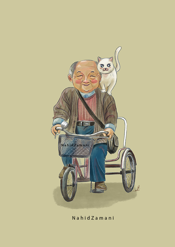 old man illustrator. cat illustrator. character design. character drawing. bicycle drawing