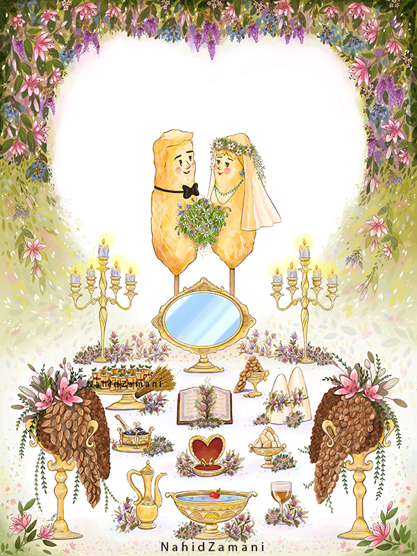 Iranian wedding. digital artist. card design. card idea. happy marriage card. illustrator. wedding illustration. flower illustration. bride illustration. groom illustration